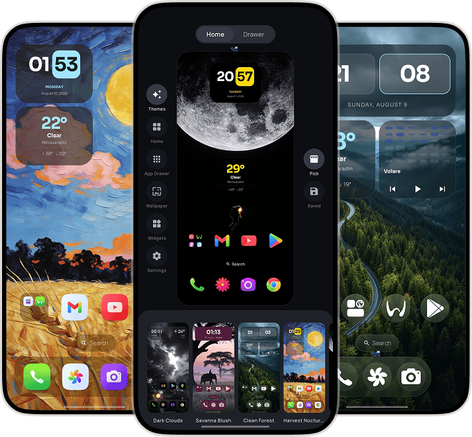 One4Home launcher editor framed by two personalized Android home screens