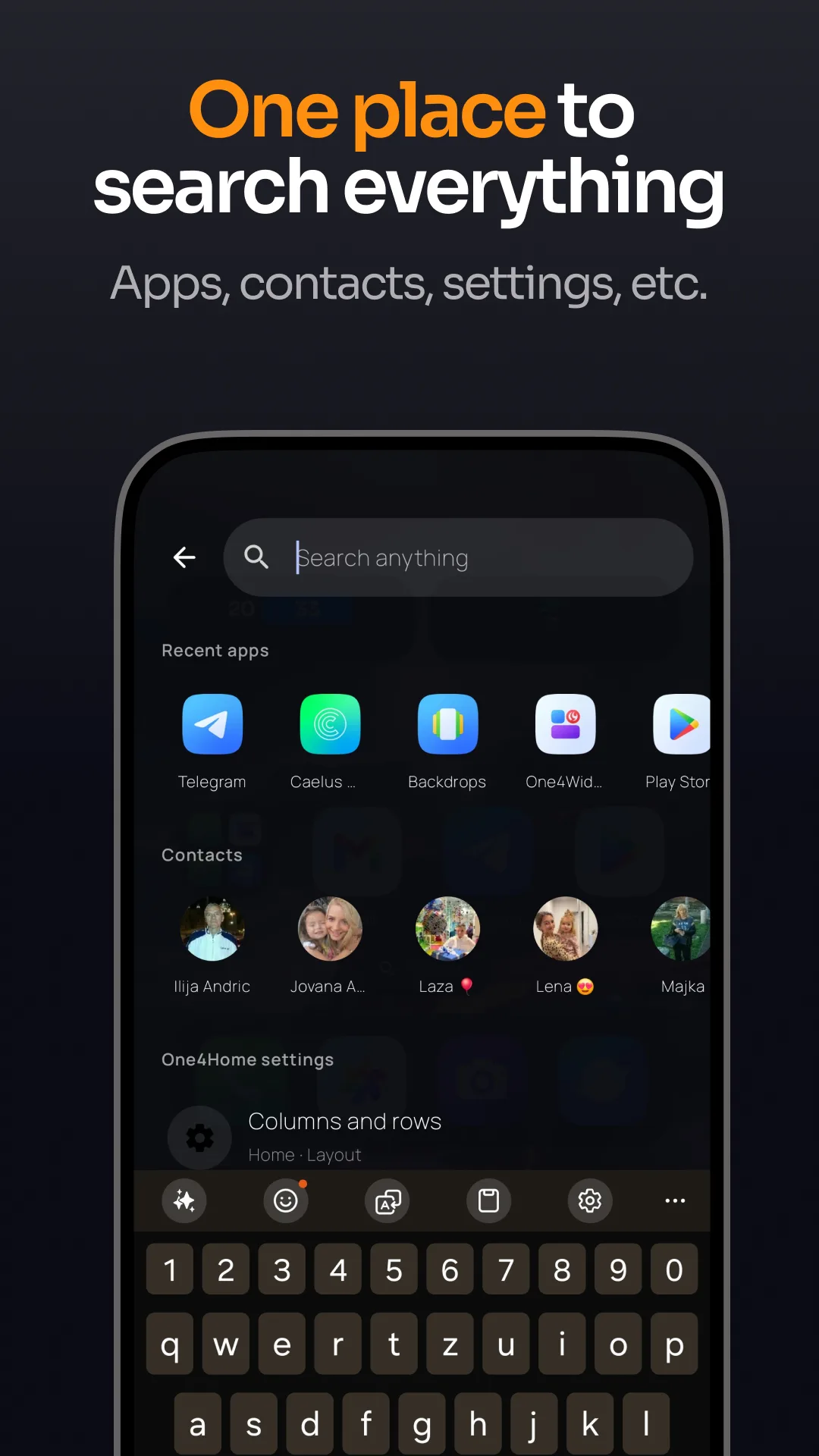 One4Home search for apps, contacts and launcher settings